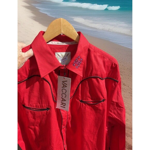 Vaccari Embroidered Western Shirt Red Pearl Snap Cowboy Rodeo Mens M NWT - Picture 1 of 16